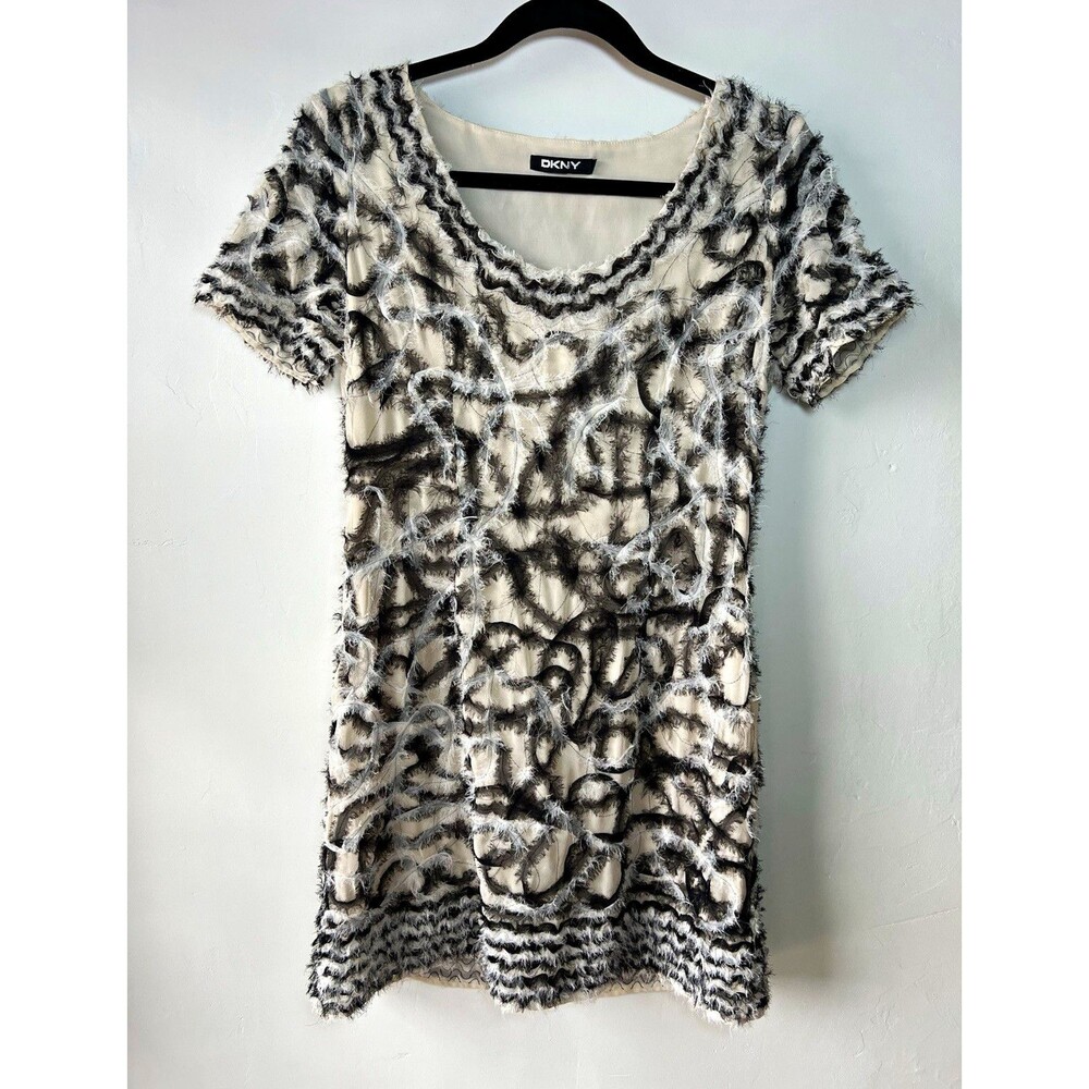 DKNY Black White Abstract Silk Blend Textured Sheath Dress Scoop Neck 4